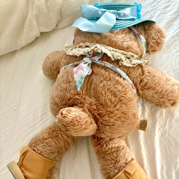 1980's Vintage Xaveir Roberts Girl w/Blue Hat Furskins Spring Attire Bear Plush - Picture 5 of 10